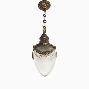 Lampada da ingresso antica Art Nouveau a goccia in ottone dorato e vetro inciso, Francia, fine XIX secolo
