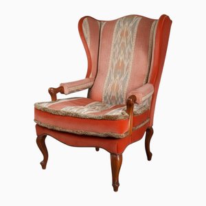 Vintage Wingback Bergère Chair in Salmon Velvet and Louis XV Geometric Fabric, 1950s