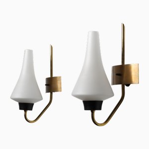 Vintage Italian Wall Sconces in Brass with Sculpted Opaline Glass Shades, 1950s, Set of 2