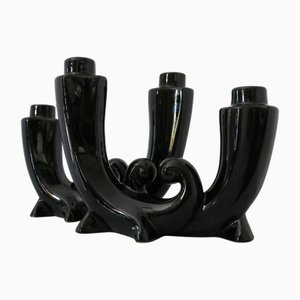 Vintage Art Deco Kerzenständer aus schwarzer Keramik, 1950er, 2er Set