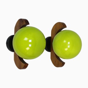Wall Lights in Wood and Green Glass, 1970s, Set of 2