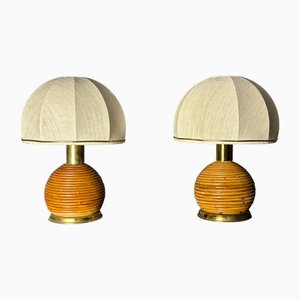 Mushroom Table Lamps in Rattan Bamboo and Brass, 1960s, Set of 2
