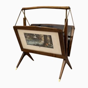 Mid-Century Modern Italian Foldable Magazine Rack in Elm and Brass by Cesare Lacca for Arredoluce, 1950s