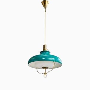 Danish Modern Brass Pendant Lamp with Green Shade from Lyfa, 1960s