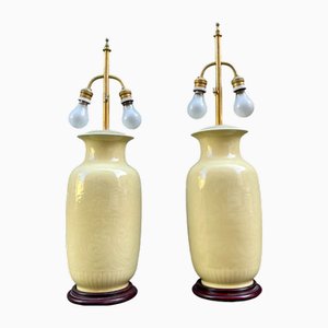 Chinese Pale Yellow Porcelain Table Lamps, Set of 2