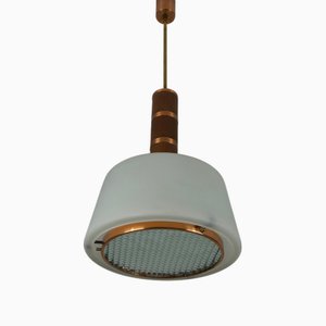 Lampada a sospensione vintage in rame e vetro opalino, Italia, anni '60
