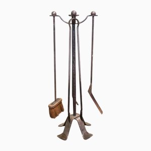 French Gothic Iron Manor House Fire Tools, Set of 4