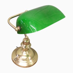 Lampada da scrivania Bankers vintage in ottone e vetro verde, 1960