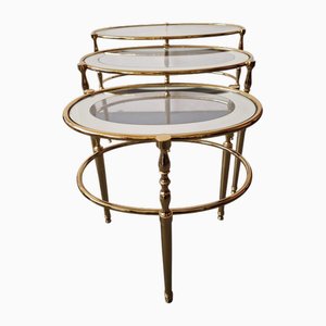 Tavolini in ottone e vetro, Francia, set di 3