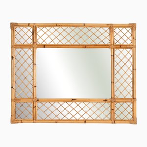 Espejo italiano grande rectangular de bambú y ratán tejido de Vivai Del Sud, años 70