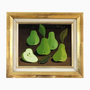 Green Pears on Table Mini Still Life, Oil Painting, Framed