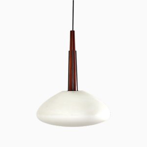 Mid-Century Modern Italian Suspension Lamp in Wood and Frosted Glass, 1960s