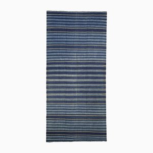Tappeto vintage Dhurrie Runner a righe blu e beige