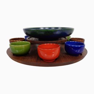 Rotating Teak Tray with Ceramic Bowls, Denmark, 1960s, Set of 10