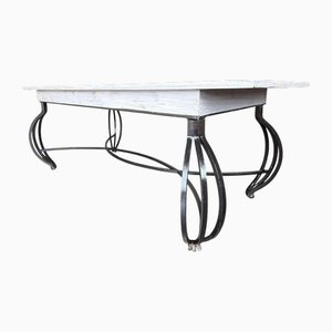Tavolo da pranzo con grande ripiano in legno bianco e gambe curve in ferro forgiato, 1930
