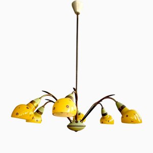 Mid-Century Modern Spider Chandelier in Brass and Yellow Glass, 1940s