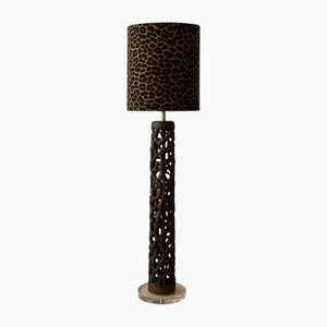Hand-Carved Ebony Floor Lamp with Velvet Shade, 1960s