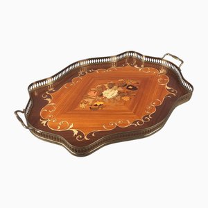 Vassoio in legno con intarsio floreale e cornice in ottone, anni '70
