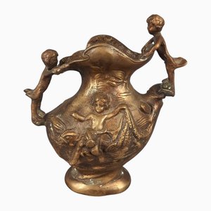 Antique Art Nouveau Bronze Jug Vase with Sculptural Putti in Relief, 1890s