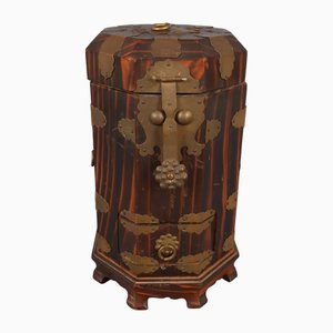 Antique Korean Octagonal Wood and Brass Tea Jewelry Box, 1890s
