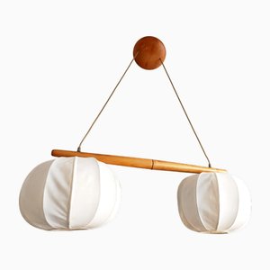 Lampada a sospensione vintage in legno e tessuto, Scandinavia, anni '80