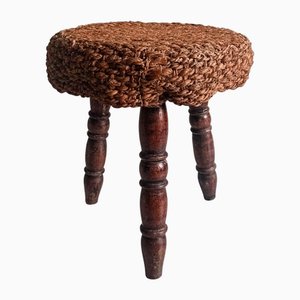 French Rustic Wood and Natural Fiber Stool in the style of Adrien Audoux & Frida Minet, 1950s