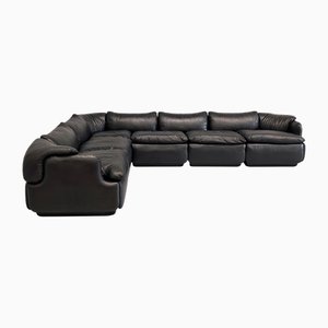 Vertrauliches modulares Sofa aus schwarzem Leder von Alberto Rosselli für Saporiti, 1970er, 6er Set