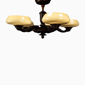 Art Deco 5-Arm Chandelier in Oak with Glass Shades, 1920s