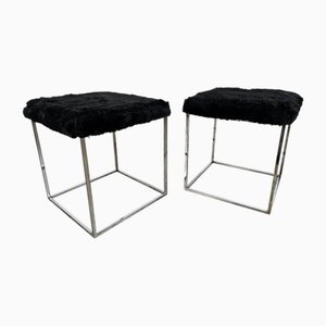 Vintage Stools in Chromed Metal with Black Fur Seats, 1970s, Set of 2