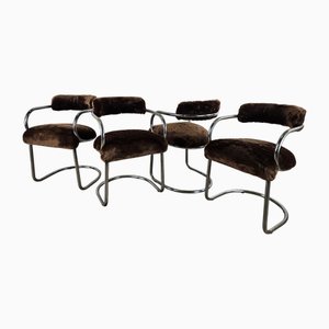 Tubular Metal and Brown Fur Chairs, 1970s, Set of 4