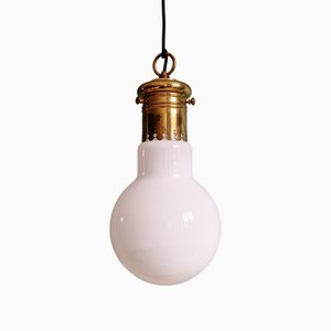 Large Mid-Century Bulbous Pendant Light in White Opaline with Brass Mount, 1940s