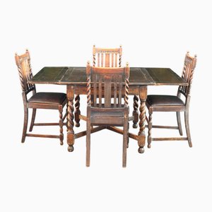 Tavolo da pranzo antico allungabile con sedie in legno e pelle, Inghilterra, inizio XIX secolo, set di 5