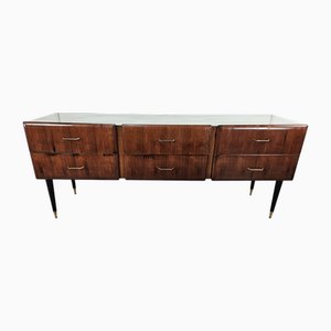 Vintage Chest of 6 Drawers in Mahogany Burl with Glass Top, 1960s