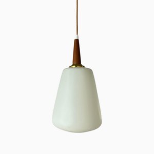 Lampadario in vetro opalino e teak, Danimarca