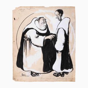 Gabriele Galantara, The Monks, Mixed Media Drawing, Early 20th Century