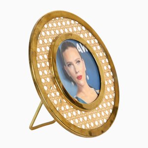 Italian Round Photo Frame in Golden Brass and Vienna Straw, 1970s