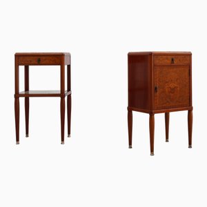Art Deco French Bedside Tables with Marquetry and Marble Tops, 1940s, Set of 2
