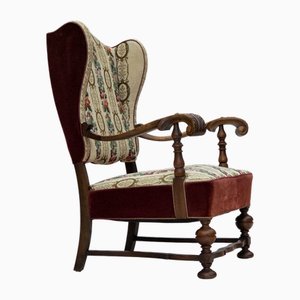 Danish Wingback Armchair in Wool, Velour and Ash Wood, 1950s