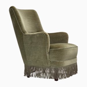 Danish Highback Armchair in Green Furniture Velour, 1970s