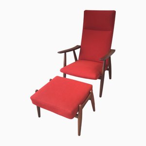 Dänischer GE260 Sessel & Ottomane aus Teak mit rotem Stoff von H.Wegner für Getama, 1960er
