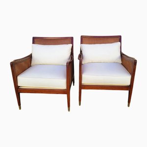 Butacas, siglo XX de madera y ratán tejida. Juego de 2