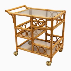 Carrello da portata in bambù e vetro fumé con portabottiglie, Italia, anni '50