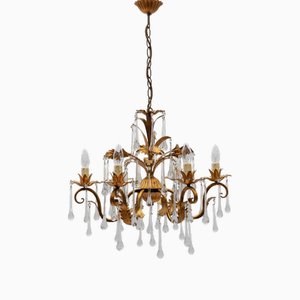 Florale 6-flammige Deckenlampe mit Kristalltropfen von Hans Kögl, Deutschland, 1970er