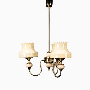 Lampada da soffitto a tre fiamme dorata con paralumi in vetro e marmo di VEB NARVA, anni '70