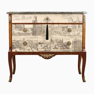 Cassettiera gustaviana vintage con illustrazioni e lastra in marmo grigio, Svezia, anni '40