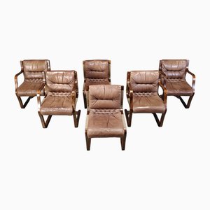 Sedie Pajamies vintage in pelle e compensato di Asko, Finlandia, anni '70, set di 6