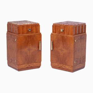 French Art Deco Bedside Tables in Amboyna and Marble, 1930s, Set of 2
