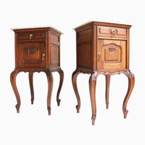 Comodini antichi Luigi XV in quercia con ripiano in marmo bianco, Francia, fine XIX secolo, set di 2