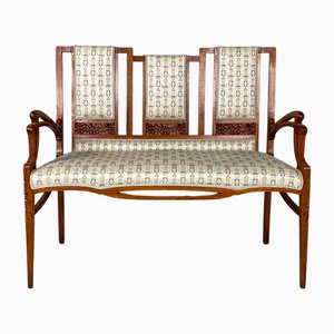 Italian Art Nouveau Style Bench in Fabric and Wood with Decoration, 1930s