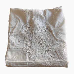 Große handbestickte Tischdecke aus Leinen, 1900er